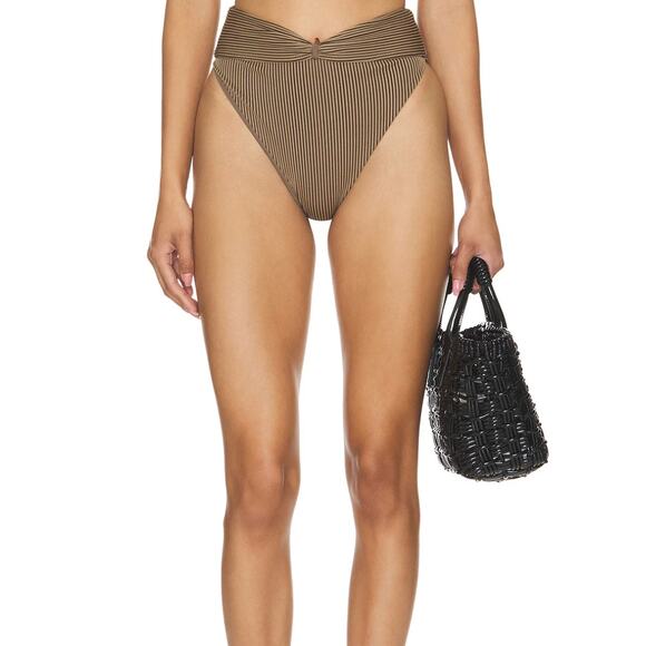 Tularosa Lexi High Waist Bikini Bottom Brown Black LARGE Ribbed Cheeky $88 - Picture 1 of 7